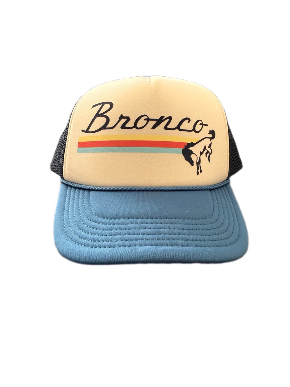 Bronco Retro Trucker Hat in Cream & Light Blue